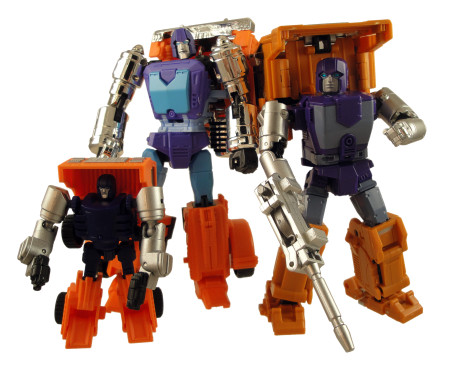 Three unofficial Transformers Huffer toys ready for action. Each has pluses and minuses, but at the moment the smallest -- iGear's design -- is my favorite. Enlarge image!