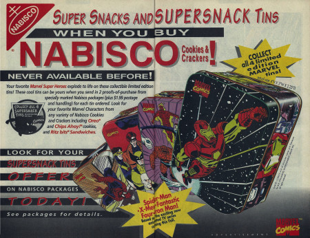 Nabisco created these Marvel tins in 1994 to go with the Fox animated Spider-Man, Fantastic Four, Iron Man, and X-Men series. Click to enlarge image.
